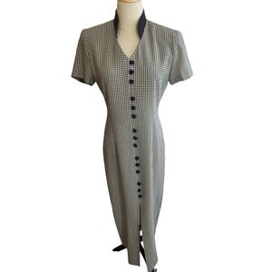 Scarlett Vintage Gingham Check Maxi Dress Navy‎ Blue White Mandarin Collar 3/4